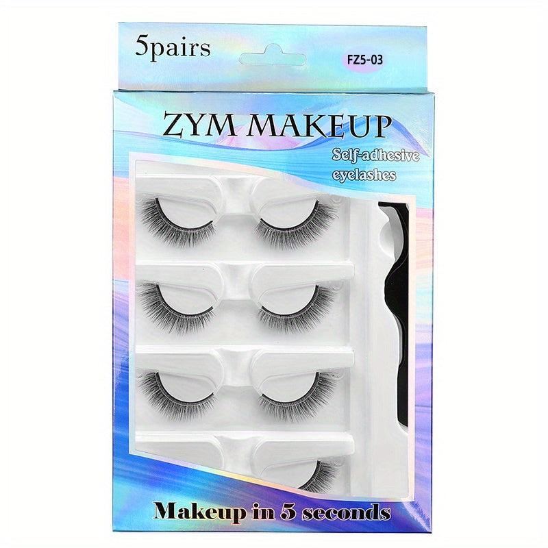 5 Pairs Self-Adhesive Faux Mink Eyelashes Set With Tweezers