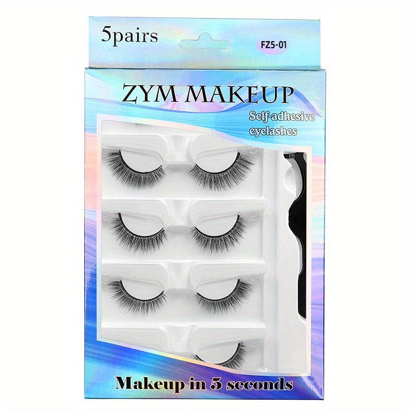 5 Pairs Self-Adhesive Faux Mink Eyelashes Set With Tweezers