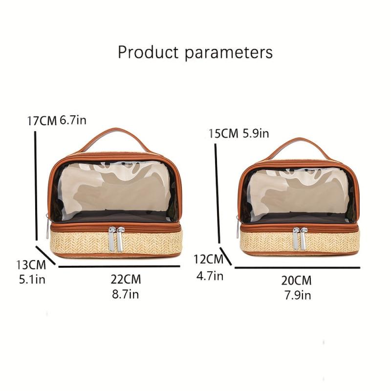 Boho Straw Toiletry Bag Double Layer Cosmetic Travel Bag