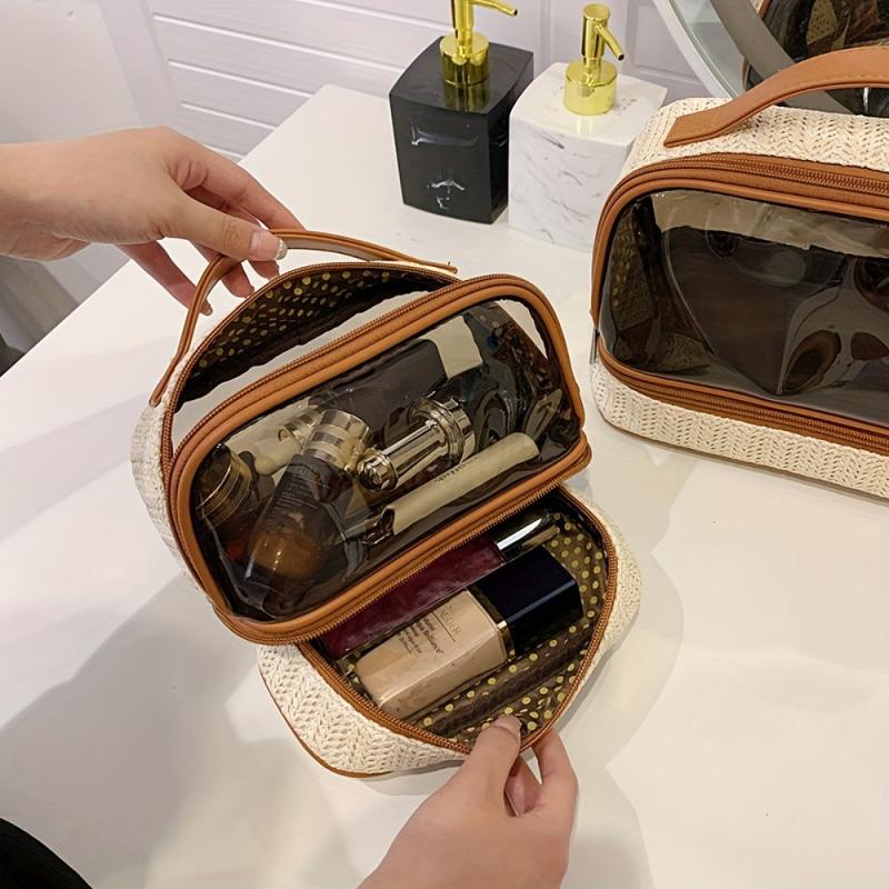 Boho Straw Toiletry Bag Double Layer Cosmetic Travel Bag