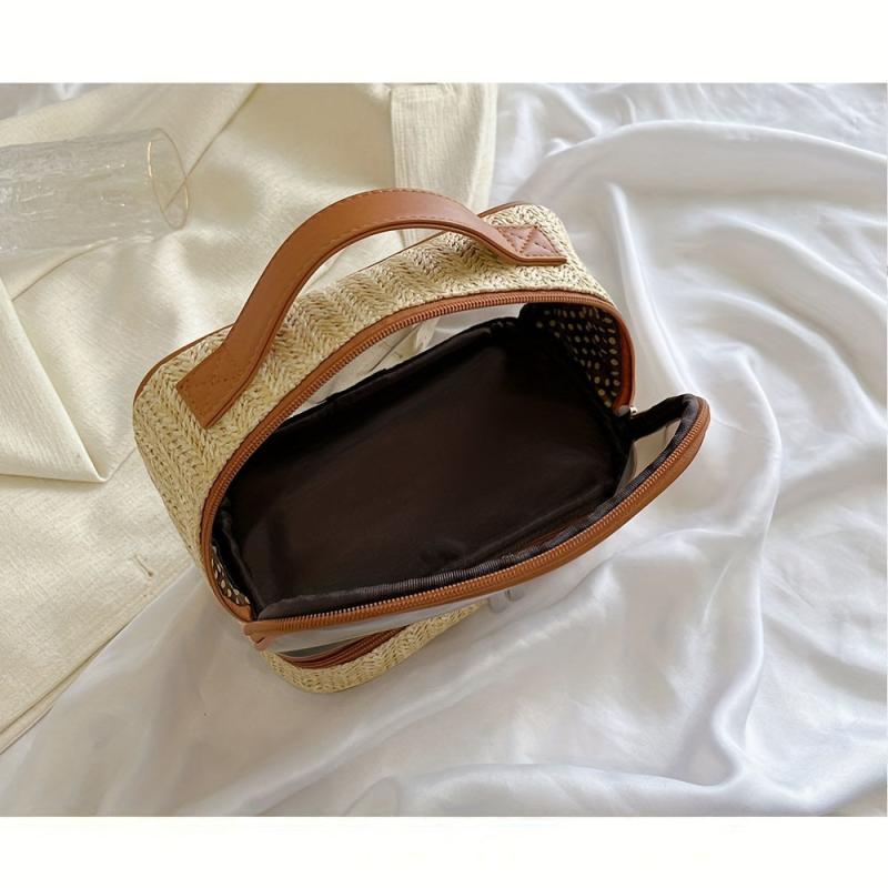 Boho Straw Toiletry Bag Double Layer Cosmetic Travel Bag