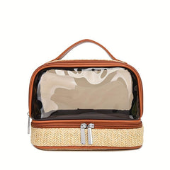 Boho Straw Toiletry Bag Double Layer Cosmetic Travel Bag