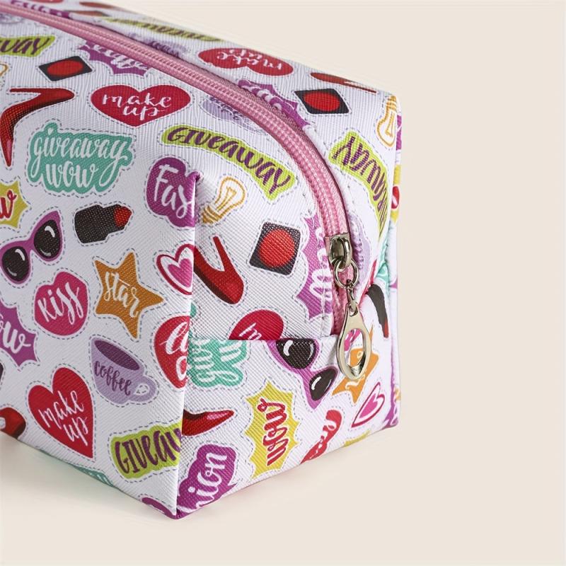 Heart Sunglasses Lipstick Slogan Pattern Makeup Bag