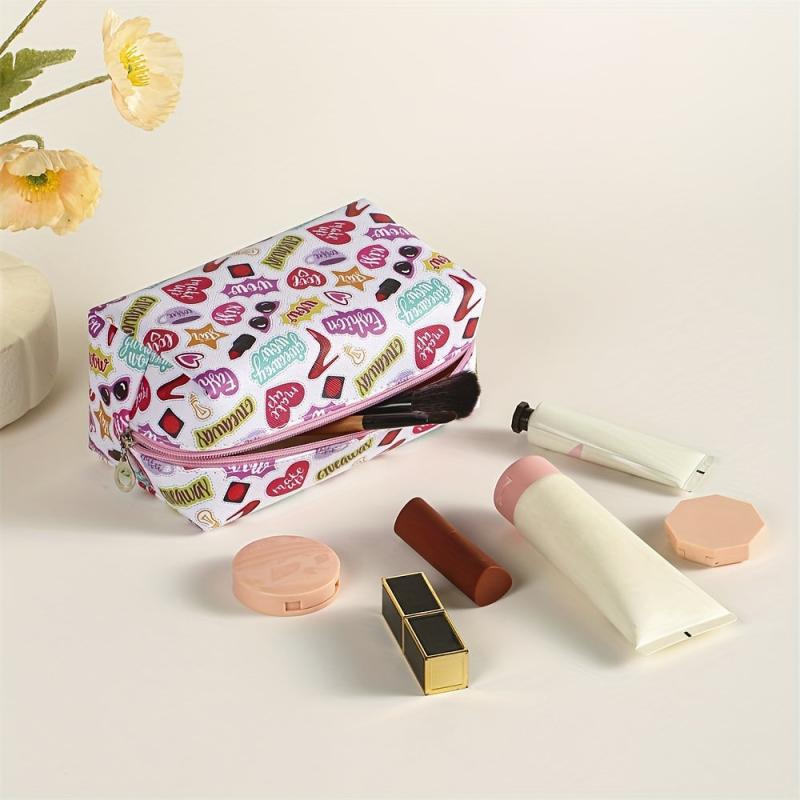 Heart Sunglasses Lipstick Slogan Pattern Makeup Bag
