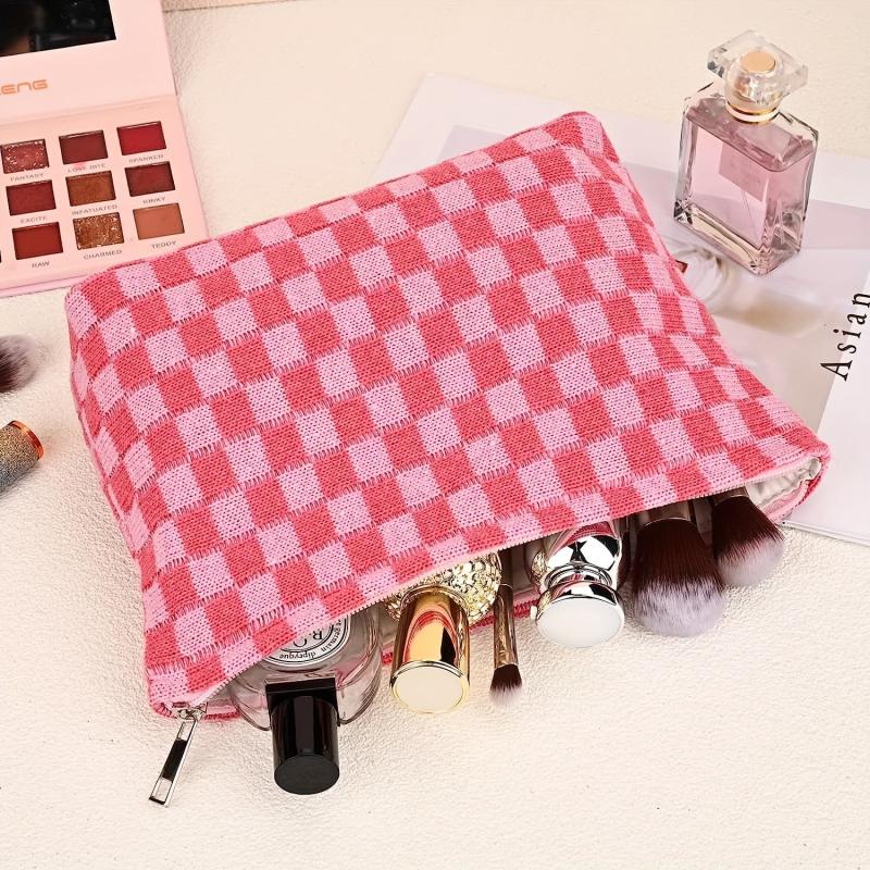 Large Checkered Cosmetic Bag Travel Toiletry Organizer Makeup Brushes Storage