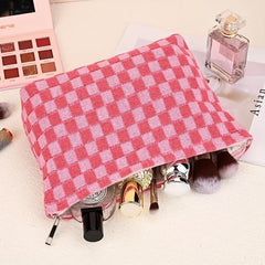 Large Checkered Cosmetic Bag Travel Toiletry Organizer Makeup Brushes Storage