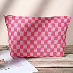 Large Checkered Cosmetic Bag Travel Toiletry Organizer Makeup Brushes Storage