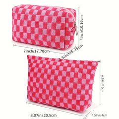Large Checkered Cosmetic Bag Travel Toiletry Organizer Makeup Brushes Storage