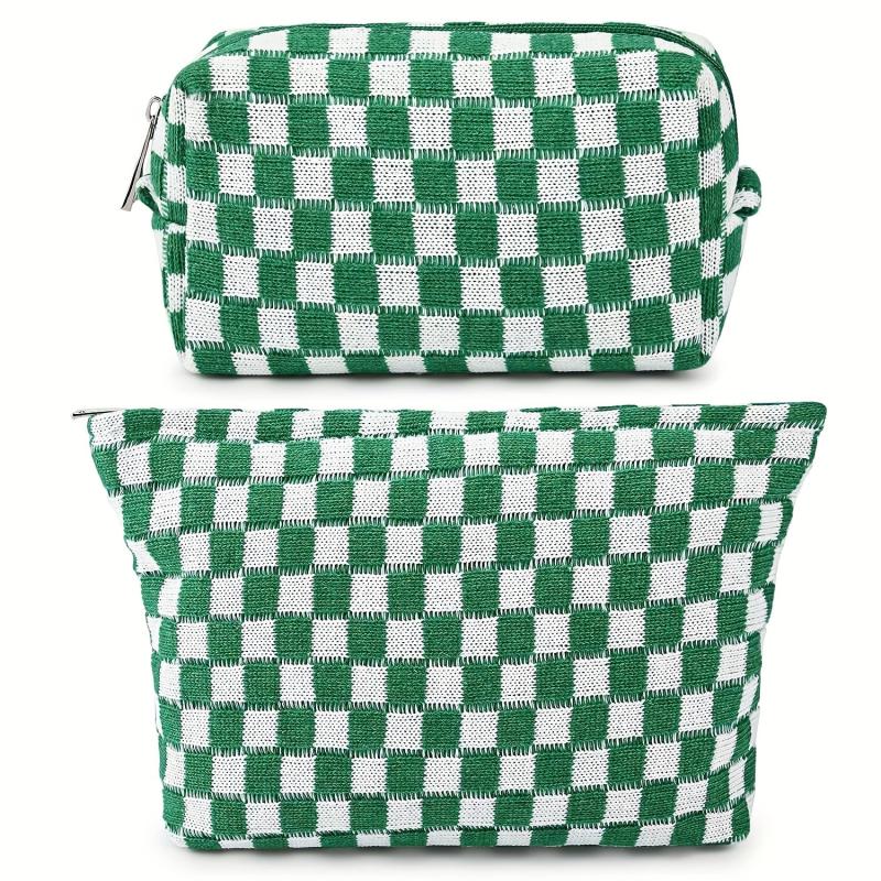 Large Checkered Cosmetic Bag Travel Toiletry Organizer Makeup Brushes Storage