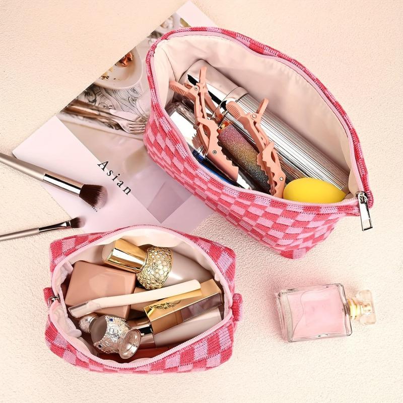 Large Checkered Cosmetic Bag Travel Toiletry Organizer Makeup Brushes Storage