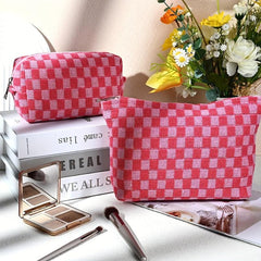 Large Checkered Cosmetic Bag Travel Toiletry Organizer Makeup Brushes Storage