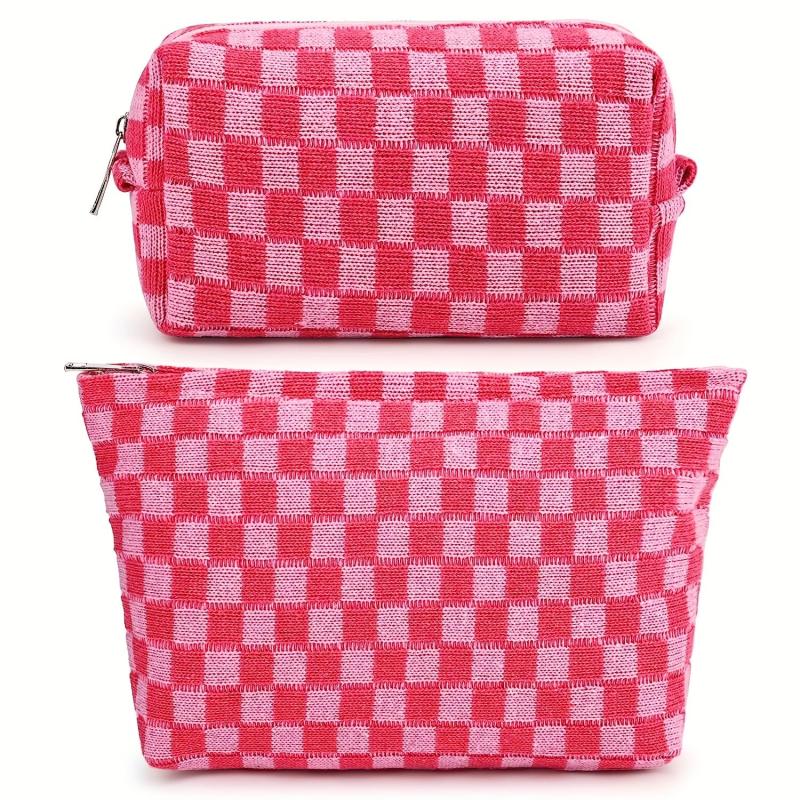 Large Checkered Cosmetic Bag Travel Toiletry Organizer Makeup Brushes Storage