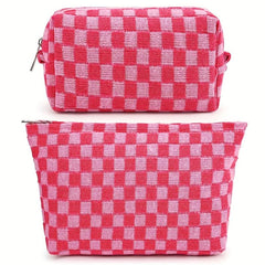 Large Checkered Cosmetic Bag Travel Toiletry Organizer Makeup Brushes Storage