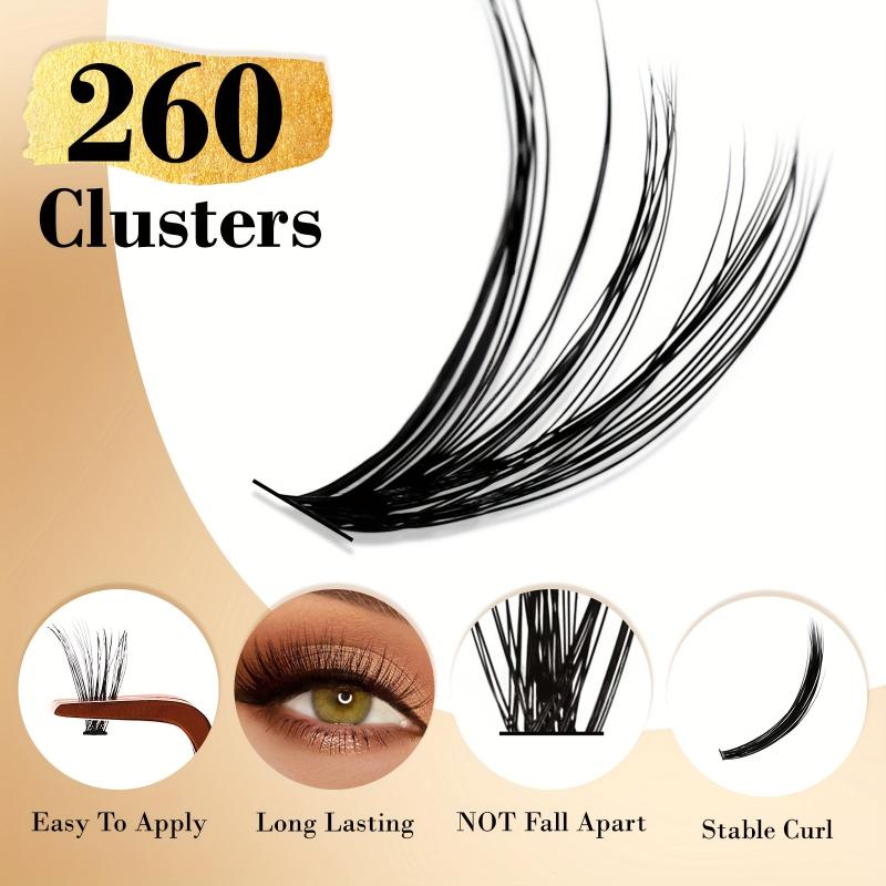 260pcs Mix C D Curl Cluster Lashes 9-16mm Soft & Natural False Eyelashes