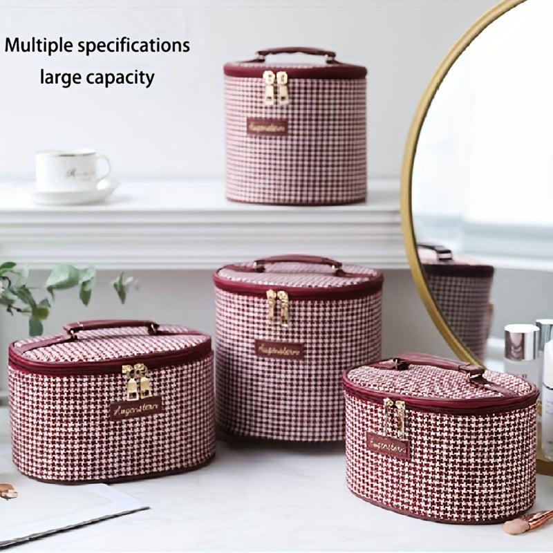 Houndstooth Makeup Bag Travel Toiletry Bag with Handle & Brush Holder