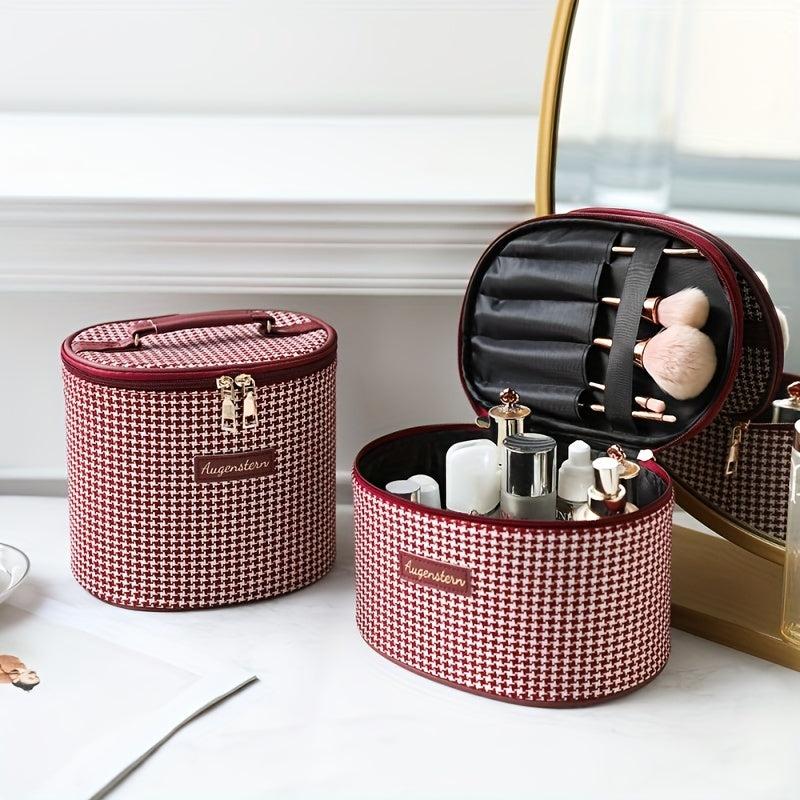 Houndstooth Makeup Bag Travel Toiletry Bag with Handle & Brush Holder