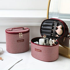 Houndstooth Makeup Bag Travel Toiletry Bag with Handle & Brush Holder