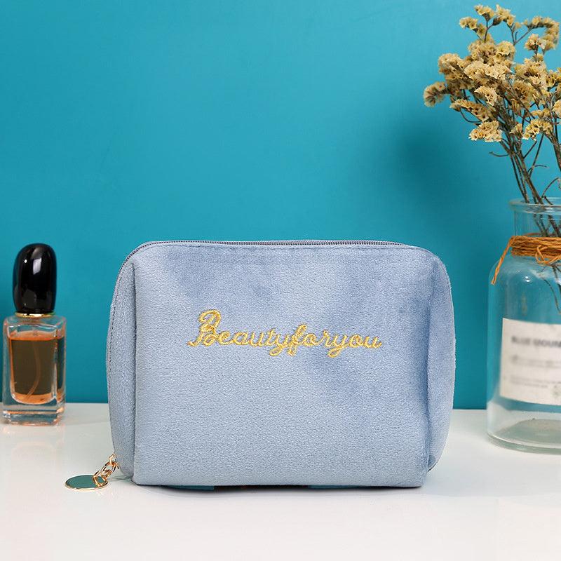 Velvet Letter Embroidered Makeup Bag Soft Travel Pouch