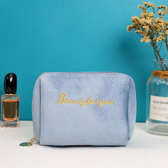 Velvet Letter Embroidered Makeup Bag Soft Travel Pouch