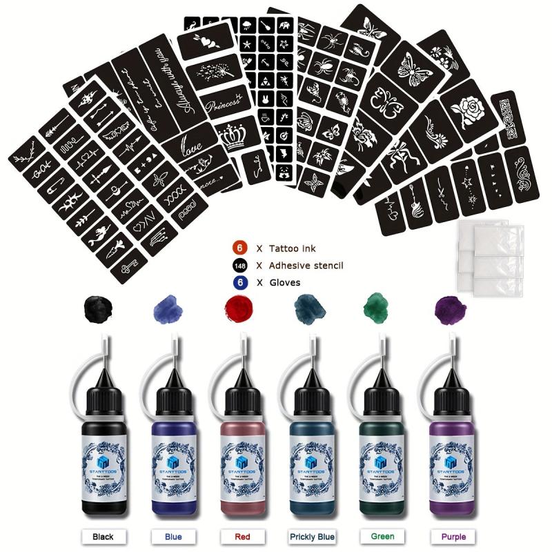 8 Sheets Tattoo Stencils & 6 Bottles Ink Set