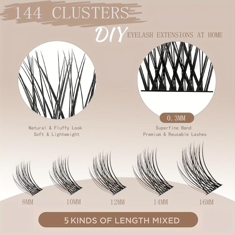DIY Eyelash Extension Set 144 Lash Clusters Adhesive Easy Applying