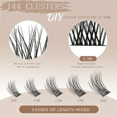 DIY Eyelash Extension Set 144 Lash Clusters Adhesive Easy Applying