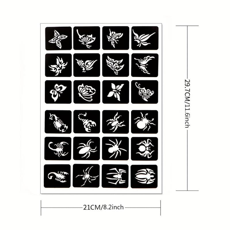 6 Sheets A4 Tattoo Stencils & Dye Paste Spider Flower Butterfly Animal Pattern