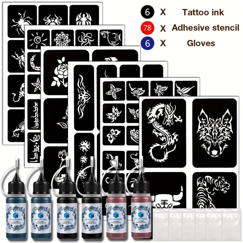 6 Sheets A4 Tattoo Stencils & Dye Paste Spider Flower Butterfly Animal Pattern