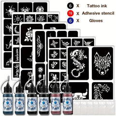 6 Sheets A4 Tattoo Stencils & Dye Paste Spider Flower Butterfly Animal Pattern