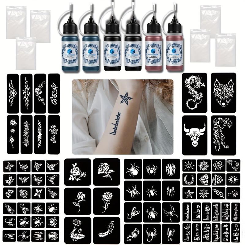 6 Sheets A4 Tattoo Stencils & Dye Paste Spider Flower Butterfly Animal Pattern