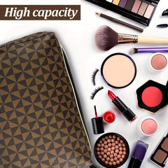 Large Brown Makeup Bag Vintage Faux Leather Cosmetic Pouch For Women