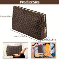 Large Brown Makeup Bag Vintage Faux Leather Cosmetic Pouch For Women