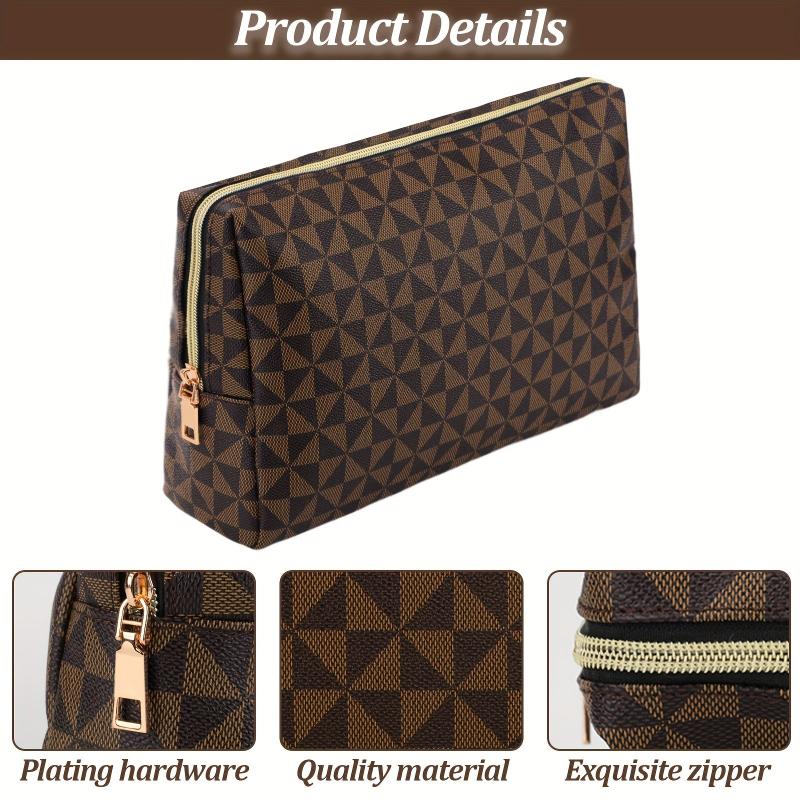 Large Brown Makeup Bag Vintage Faux Leather Cosmetic Pouch For Women