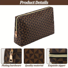 Large Brown Makeup Bag Vintage Faux Leather Cosmetic Pouch For Women