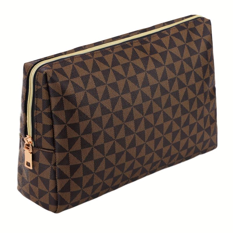 Large Brown Makeup Bag Vintage Faux Leather Cosmetic Pouch For Women