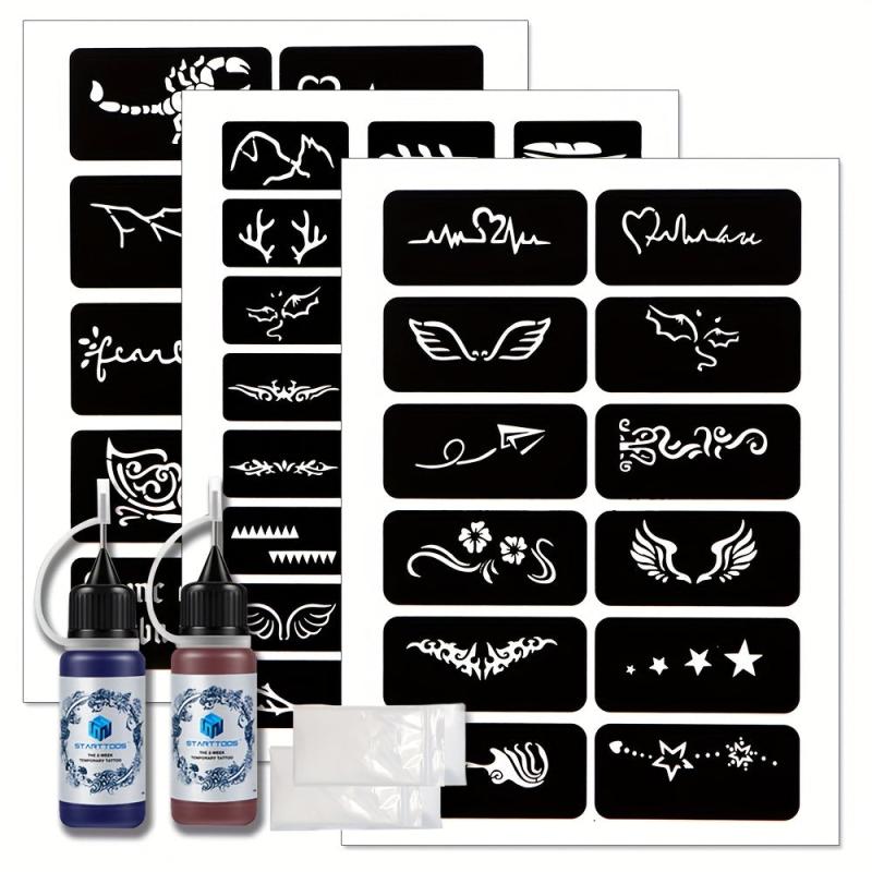 Semi-Permanent Tattoo Kit, Red Dye Paste, Finger Stencil Set