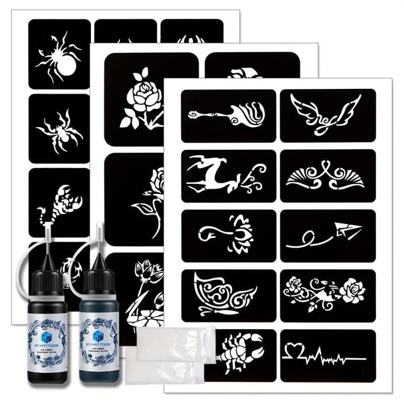 3 A4 Hollow Tattoo Stencils + 2 Bottles Tattoo Dye Paste