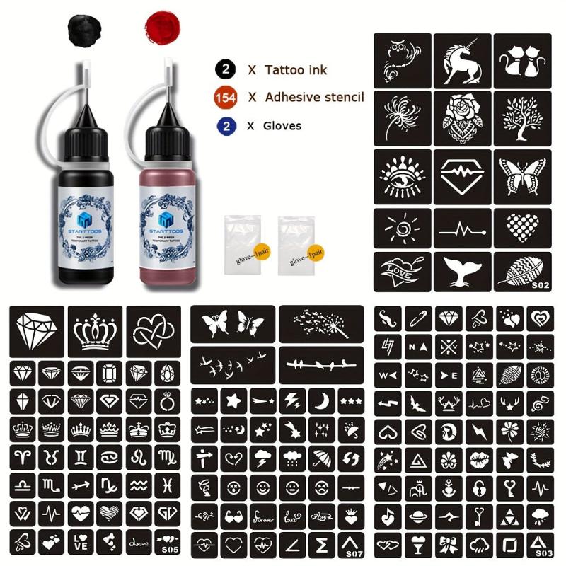 4 Sheets A4 Tattoo Stencils, Red Tattoo Dye, Semi-permanent, Men & Women