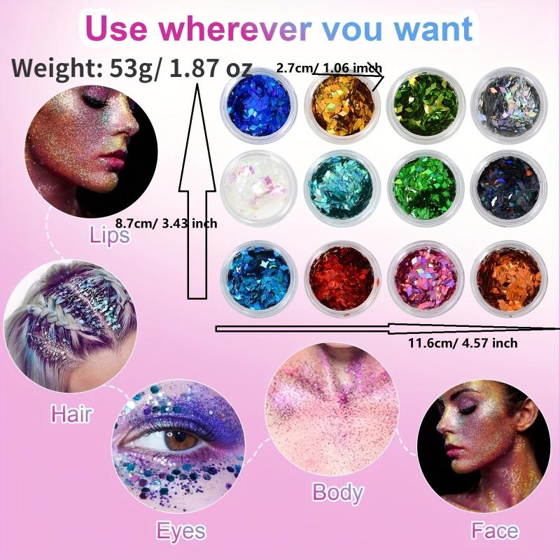 12Pcs Nail Glitter Holographic Makeup Face Hair Glitter