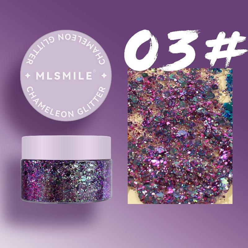 Chameleon Body Glitter Nail Art & Lilac Gel Eyeshadow for Stage Makeup