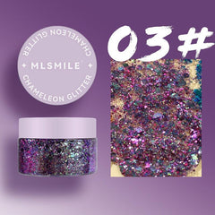Chameleon Body Glitter Nail Art & Lilac Gel Eyeshadow for Stage Makeup