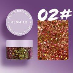 Chameleon Body Glitter Nail Art & Lilac Gel Eyeshadow for Stage Makeup