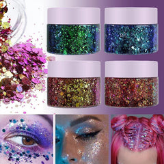 Chameleon Body Glitter Nail Art & Lilac Gel Eyeshadow for Stage Makeup