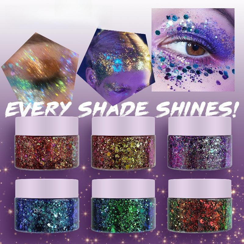 Chameleon Body Glitter Nail Art & Lilac Gel Eyeshadow for Stage Makeup