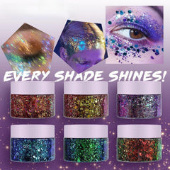 Chameleon Body Glitter Nail Art & Lilac Gel Eyeshadow for Stage Makeup