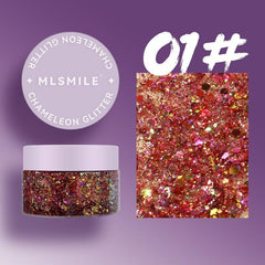 Chameleon Body Glitter Nail Art & Lilac Gel Eyeshadow for Stage Makeup