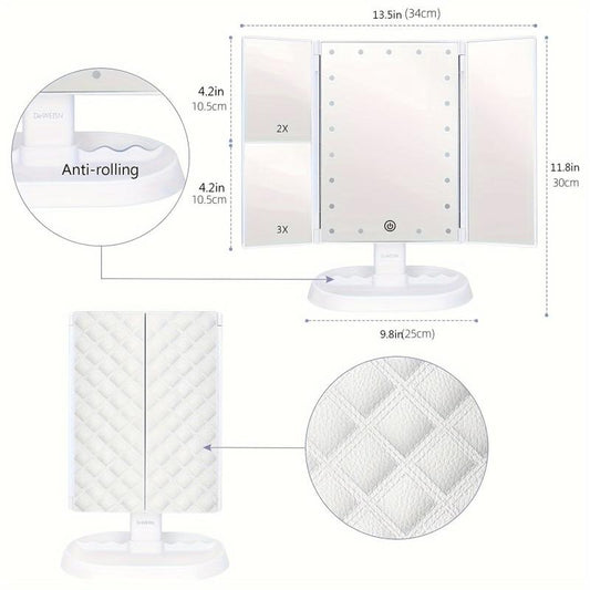 LED Trifold Vanity Makeup Mirror 3x Magnification Touch Screen Dimming
