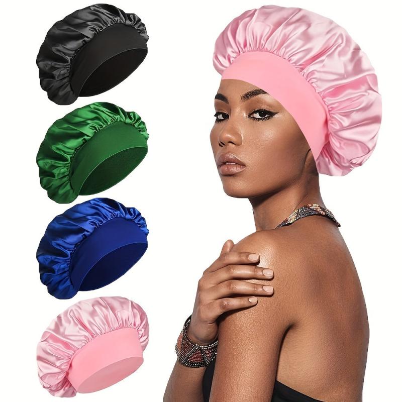 4 Silky Satin Hair Bonnets with Wide Elastic Band for Curly Hair