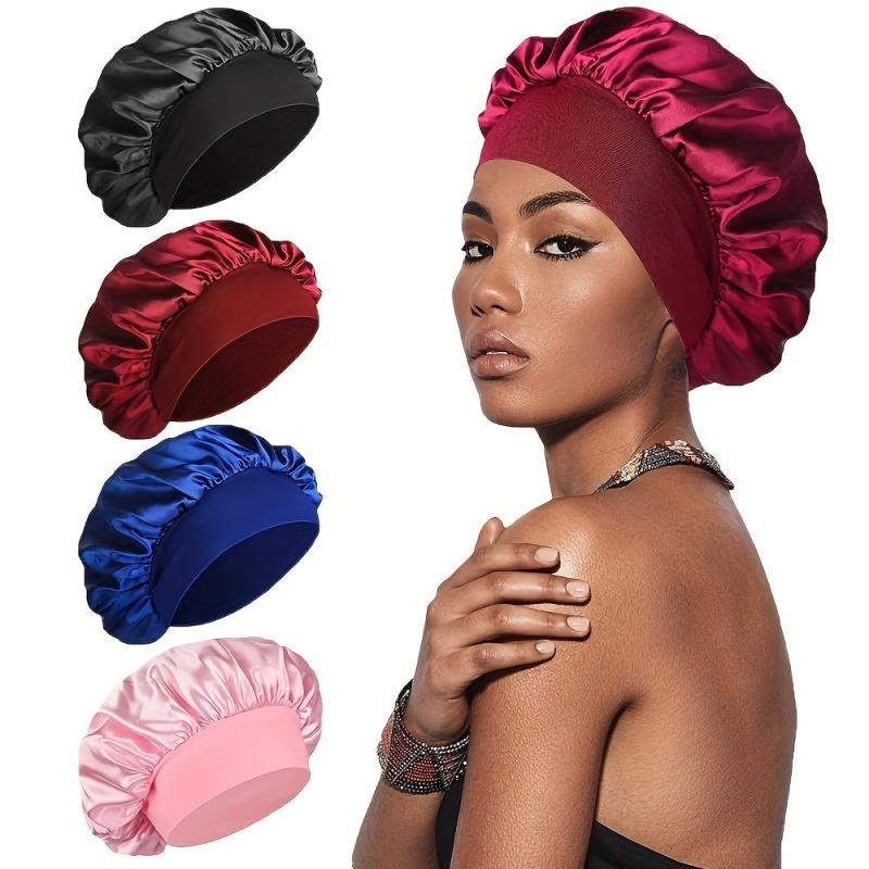 4 Silky Satin Hair Bonnets with Wide Elastic Band for Curly Hair
