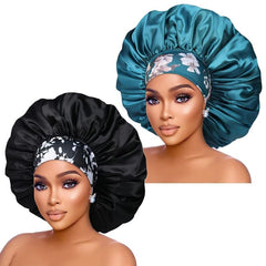 2PCS Satin Hair Bonnet For Women Elastic Wide Band Sleep Cap